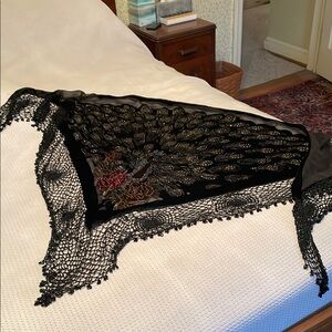 Elegant Black Lace Shawl with Embroidered Peacock